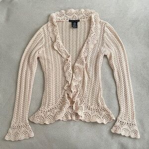 Apostrophe Honey Beige Crochet Ruffles Cardigan